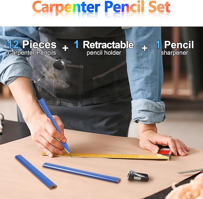 Hiboom 14Pcs Carpenter Pencil, 7" Flat Octagonal Hard Black Marking Pencil | with Pencil Sharpener & Silicone Heavy Duty Retractable Pen Holder, Carpenter Marking Pencils for Woodworking Marking Tool