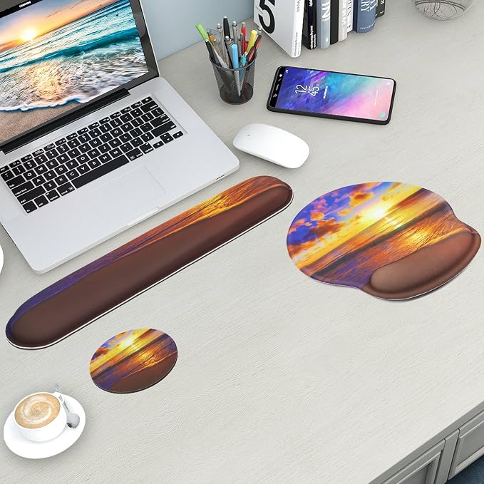 Mouse Pad and Keyboard Wrist Rest Support,Ergonomic Mouse Pad Set | Mousepad With Coaster and Non-Slip PU Base,Pain Relief for Desk Desktop Gaming, Computer,Office -Beach