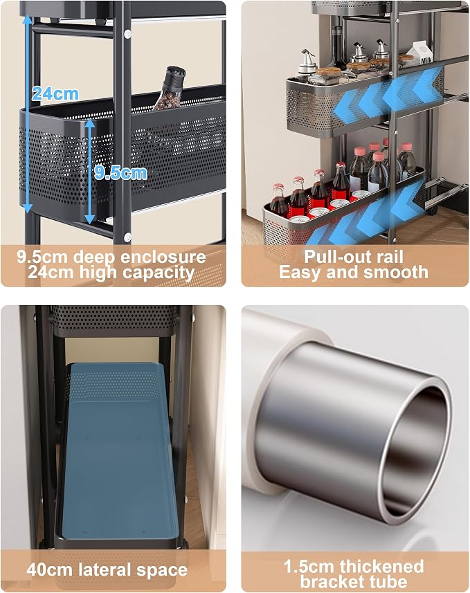UMDONX 5-Tier Narrow Mobile Storage Cart with Pull-Out Baskets | The Multifunctional Pull-out Storage Rack Is Suitable for Bathrooms, Kitchens, and Laundry Rooms