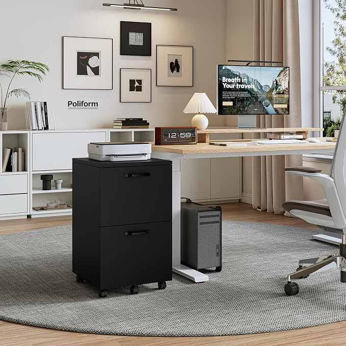 OLIXIS 2 Drawer File Cabinet, Printer Stand with Storage Cabinet | Wood Under Desk Storage Organization Holds Printer, Office Supplies, Not For Hanging Files, Fit Home Office Black