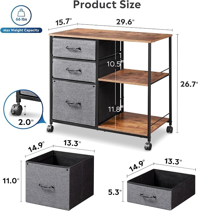 DEVAISE 3 Drawer Mobile File Cabinet with Open Storage Shelf | Rolling Printer Stand, Fabric Lateral Filing Cabinet fits A4 or Letter Size for Home Office, Rustic Brown and Gray