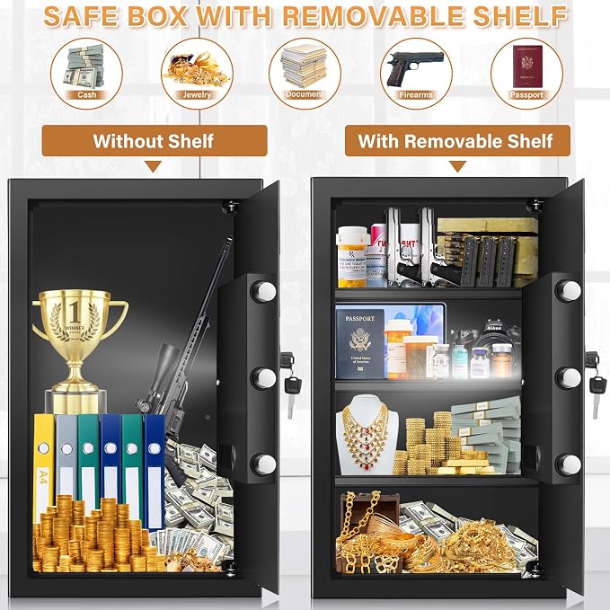 [23.6" Tall] Large Safe Box with Fireproof Bag for Home Use | LED Light, Digital Keypad, Spare Keys and 3 Removable Shelves, Wall/Floor Mountable Security Safes for Documents
