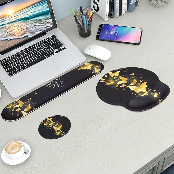 Mouse Pad and Keyboard Wrist Rest Support,Ergonomic Mouse Pad Set | Mousepad With Coaster and Non-Slip PU Base,Pain Relief for Desk Desktop Gaming, Computer,Office -Beach