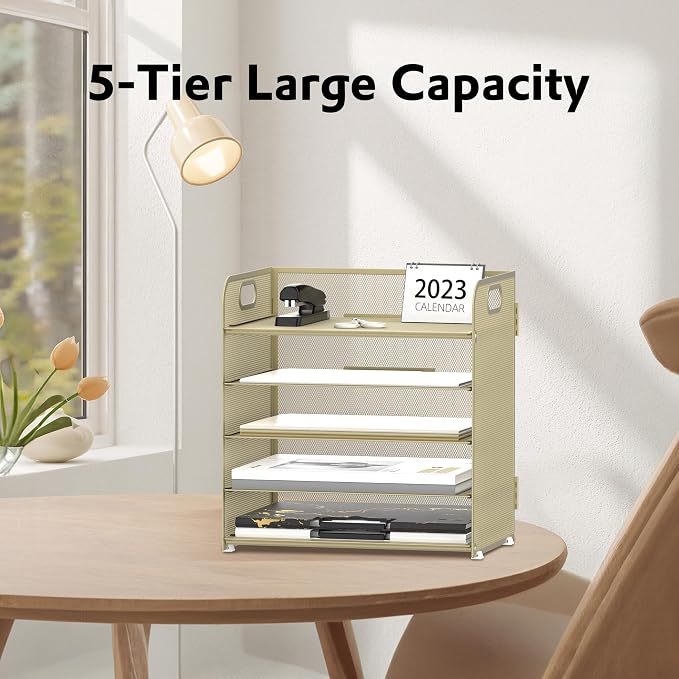 5 Trays Paper Organizer Letter Tray with Handle-Mesh Desk File Organizer,Pink Paper Sorter Desk Organizer for Office, Home or School (Gold Yellow)
