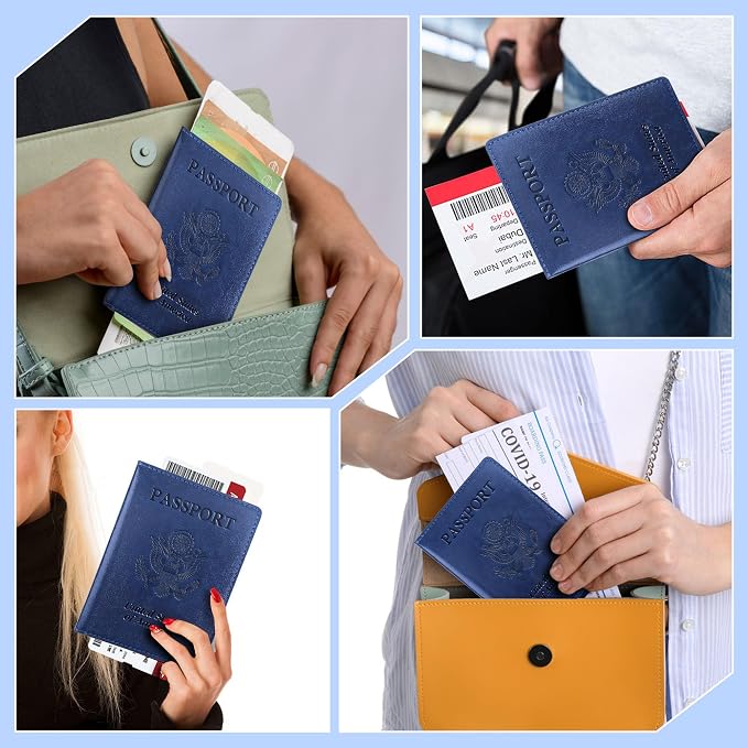 Passport Holder for Travel Men Women - Passport Cover, Passport Wallet Case Travel Essentials Travel Must Haves Accessories Blocking Leather Card Slot Protector for Stocking Stuffers Gifts, Navy Blue