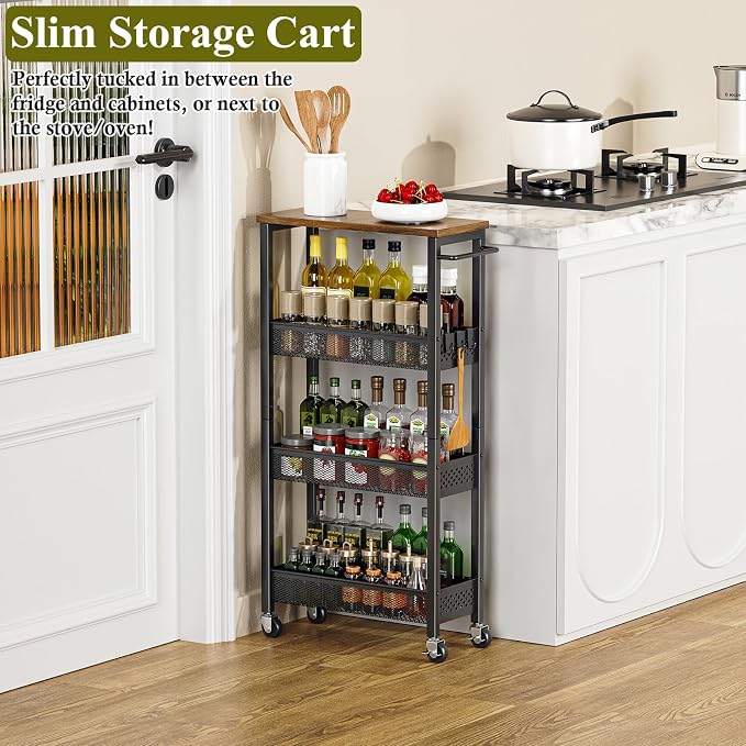 OKZEST 4-Tier Slim Rolling Storage Cart for Kitchen, Laundry Room, Bathroom | Upgraded metal hub casters, Narrow utility cart for small space/gaps, Premium wood top & metal mesh shelf, with handle & hook