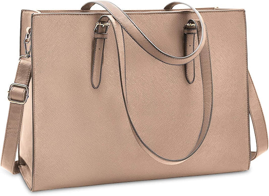 Laptop Bag for Women Waterproof Lightweight Leather 15.6 Inch Computer Tote Bag Business Office Briefcase Large Capacity Handbag Shoulder Bag Professional Office Work Bag Khaki
