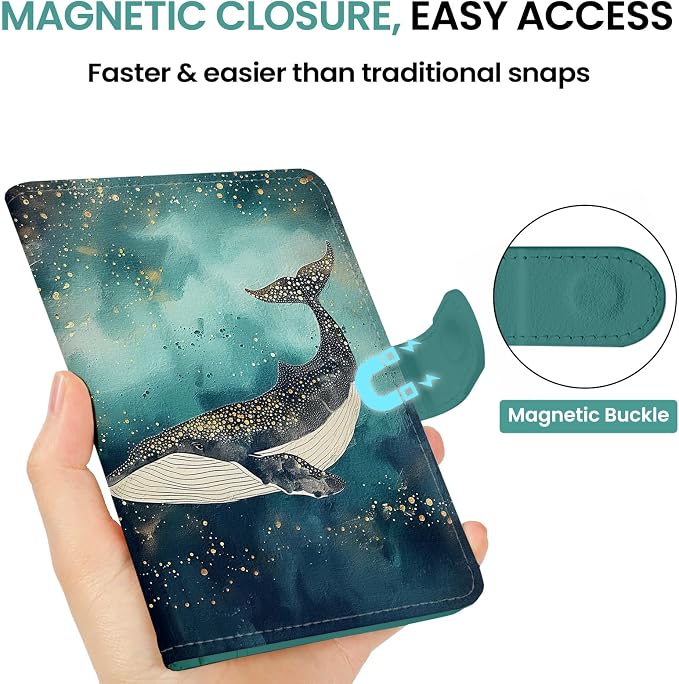 Passport Holder for Travel Essentials, RFID Blocking Leather Cover Wallet with Magnetic Closure, Aesthetic & Cute Passport Book Case for Women and Men - Whale, Upgraded with Money Pocket