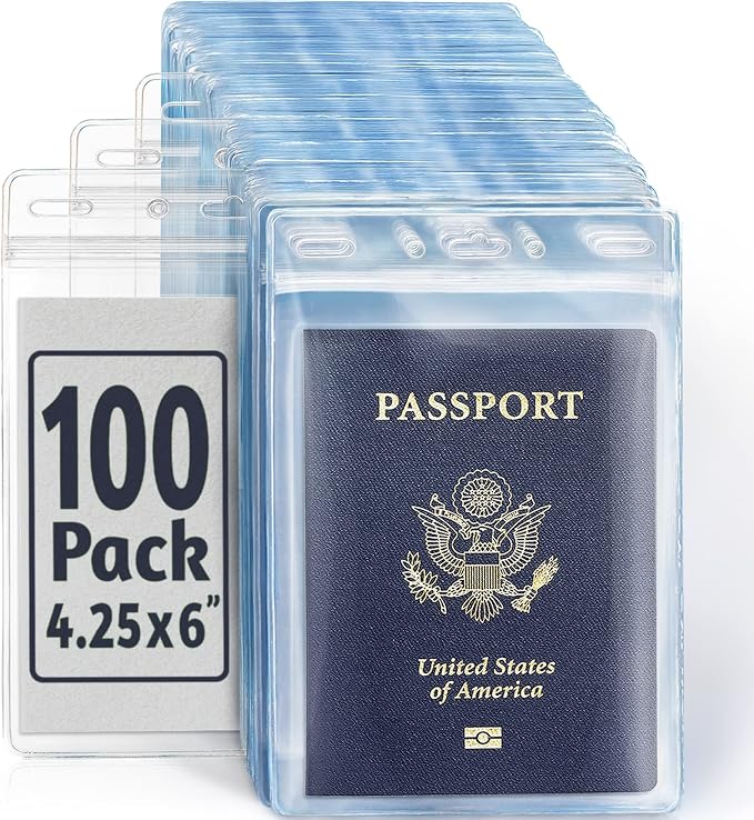4x6 XXL Passport, ID, Name Card Holders - Vertical, Resealable, 100 PK | EcoEarth clear plastic waterproof passport holder with soft edge and zipper seal, 5 pre-punched holes for all lanyard clips