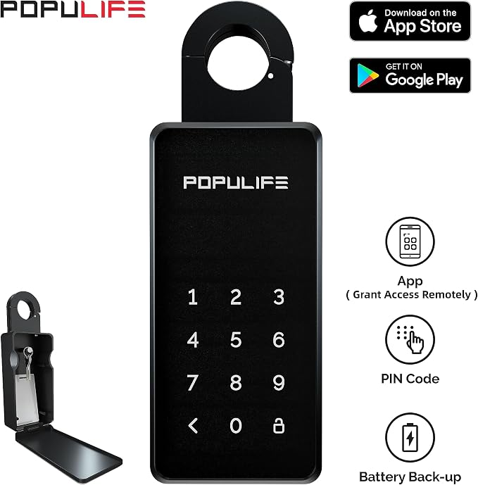 【Updated Version】 Populife Smart Key Lock Box for Outside, Wireless Lock Box for House Key, Hide a Key Outdoor, Electronic Digital Lockbox for Realtor Airbnb Smart Bluetooth Padlock, No WiFi Need