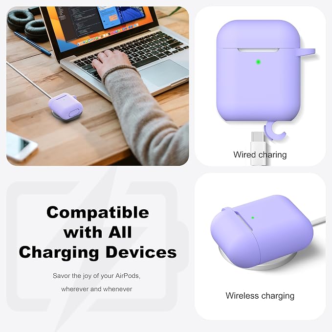 R-fun for AirPods 1/2 Case, Soft Silicone Protective Cover with Keychain and Cleaning Pen, Compatible with AirPods 2nd/1st Generation (2016/2019), Full Drop Protection Cover, Lilac