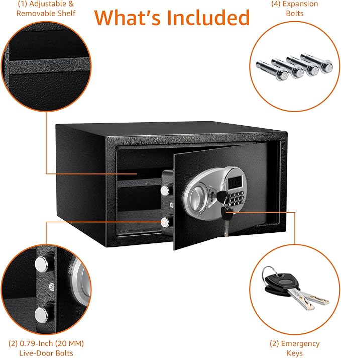 Amazon Basics Steel Security Safe Box with Digital Keypad, for Valuables, Cash, Jewelry, Documents, Removable Shelf, Black, 1 Cubic Foot, 16.9"x14.6"x9.1" (WxDxH)