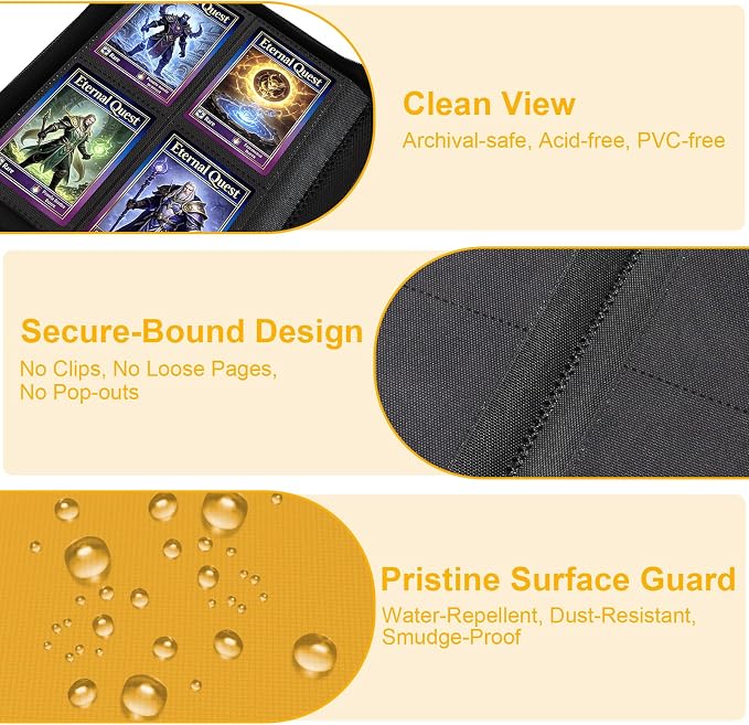 BYSTER 4 Pocket Card Binder, Premium PU Trading Card Binder with Zipper, 160 Capacity Side-Loading Binder for TCG, MTG, Sports Cards, Game Cards, Yellow