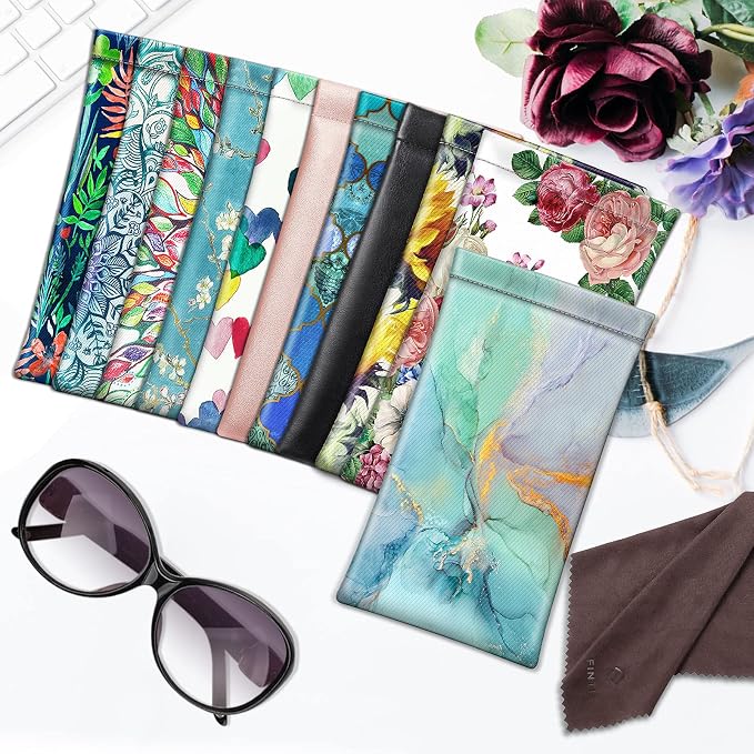 FINTIE Soft Eyeglasses Case with Cleaning Cloth, Portable Squeeze Top Vegan Leather Glasses Pouch, Sunglasses Eyewear Bag