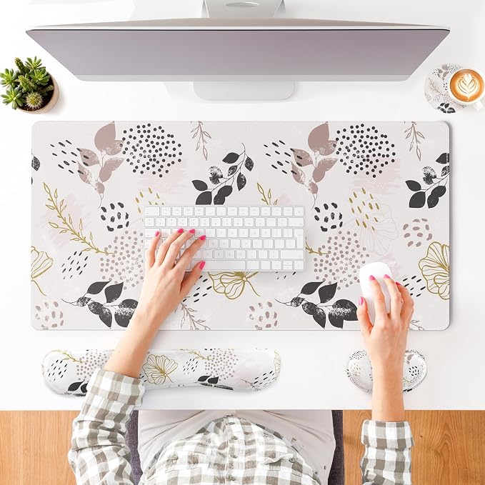 QIYI PU Leather Desk Mat Set, 4-in-1 Ergonomic Wrist Rest, Botanical Leaf | Waterproof Large Mouse Pad 31.5×15.7 + Keyboard Wrist Rest + Mouse Wrist Support+Coaster, Non-Slip Office Gaming Accessories