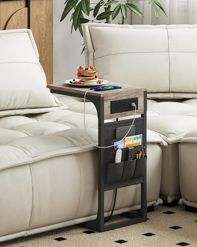 TUTOTAK C Shaped End Table with Charging Station, Side Table for Sofa | Couch Table with Storage Bag, TV Tray with 2 USB Ports and Outlets, Living Room and Bedroom, Greige TB01BG024
