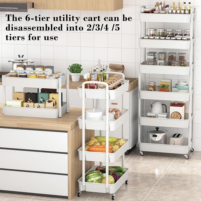 Sywhitta 6-Tier Plastic Rolling Utility Cart with Wheels for Storage,White | Multi-Functional Storage Trolley, for Office, Living Room, Kitchen, Bathroom,Movable Organizer,Space-Saving,Easy to assemble
