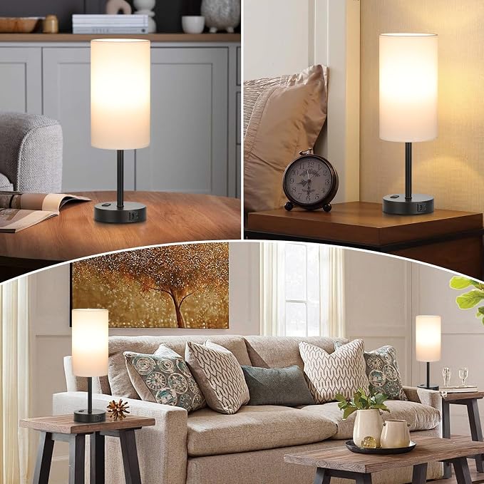 Touch Bedside Table Lamps Set of 2 - Bedroom Lamp with USB A+C, AC Outlet | 3-Way Dimmable, LED Bulb Included, White Fabric Lampshade, Matte Black Metal Base & Pole,17" Tall Nightstand Lamp for Desk