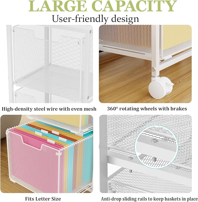 Rolling File Cart with 2 Storage Drawers,Under Desk Storage Cart | Hanging File Folder Organizer with Wheels, Filing Cabinet Mobile Printer Stand Utility Craft Cart for Home Office,White