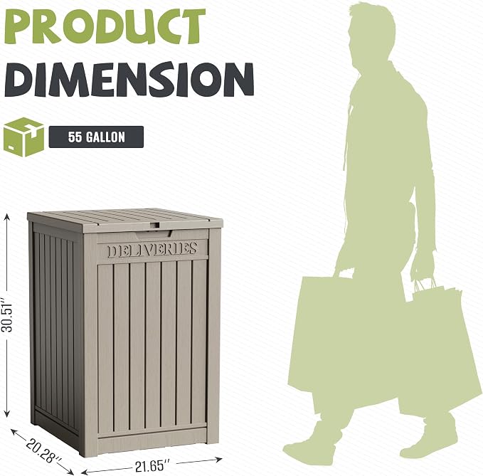 55 Gallon Package Delivery Boxes Outside Secure Waterproof Resin UV Resistant Lockable Mail Parcel Drop Mailbox Storage Deck Box for Outdoor Porch Patio Grey