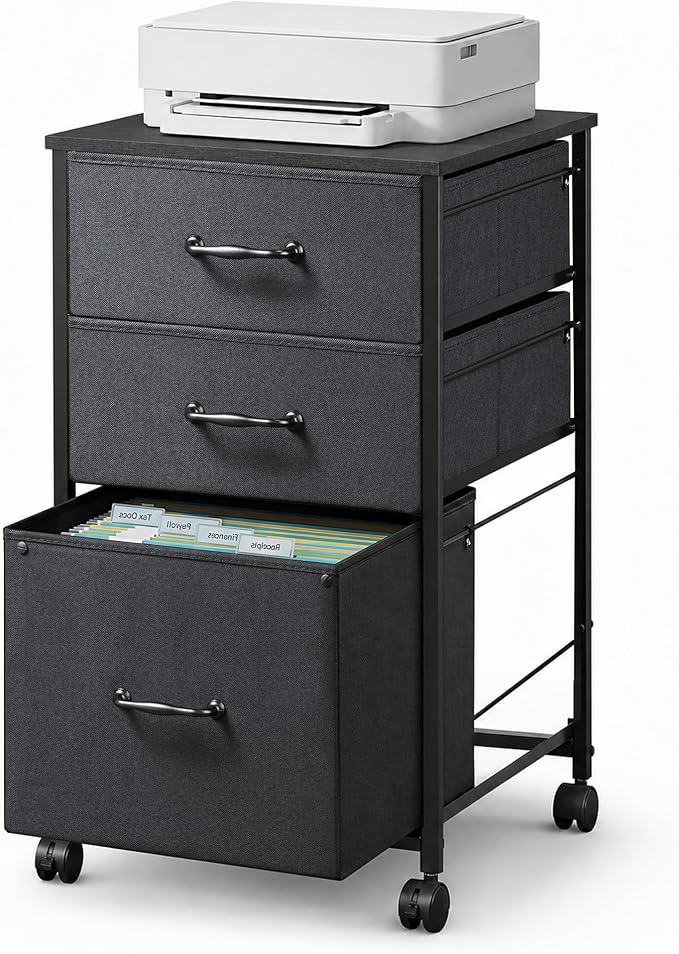 DEVAISE Mobile File Cabinet, Rolling Printer Stand with 3 Drawers, Fabric Vertical Filing Cabinet fits A4 or Letter Size for Home Office, Black