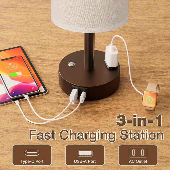 Brown Touch Bedside Lamp for Bedroom, Stepless Dimmable, USB A+C, AC Outlet | Base Touch Button Only, Memory Brightness, Ultra-dim Night Light, Included Bulb for Optimal Dimming, Beige Fabric Shade, Desk