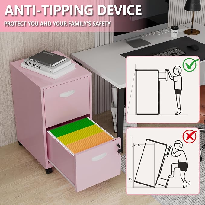 Polup 2 Drawer Rolling File Cabinet with Lock for Home Office | Metal Mobile Filing Cabinet on Wheels, Small Under Desk Storage, Fits Hanging Letter Size, Printer Stand, Pink