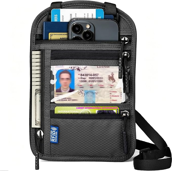 Neck Wallet for Travel, RFID Blocking Passport Holder - Slim Travel Pouch with Adjustable Strap | Holds Phone, Cards, Cash, Documents | Water-Resistant & Secure for Men & Women