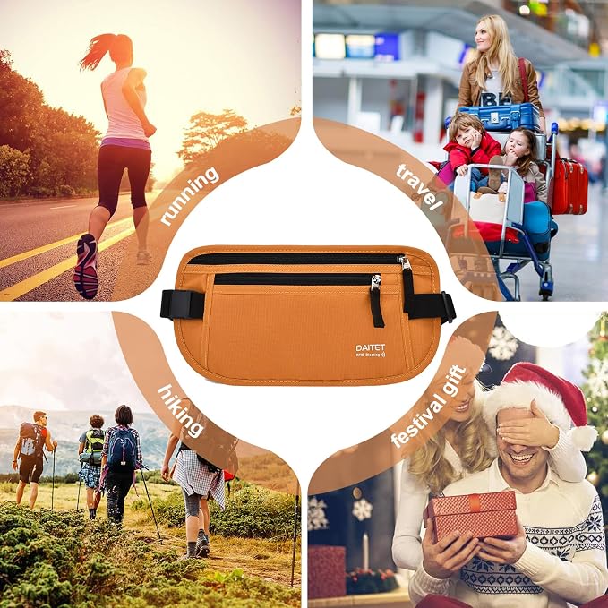 RFID Blocking Money Belt for Men Women, Slim Fanny Pack for Travel，Running,Conceal Waist Wallet for Passport Holder,Phone,Cash(Brown Orange)