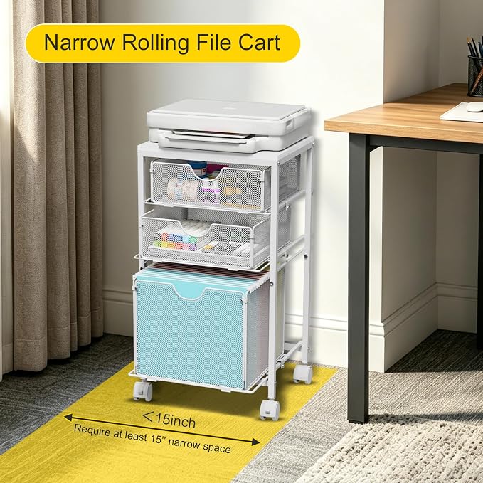 BOHDK Rolling File Cart with 3 Storage Drawers, Wood & Mesh Hanging File Folder Organizer with Wheels Under Desk, File Cabinets for Home Office, 11.81" D x 14.8" W x 25.39" H, White