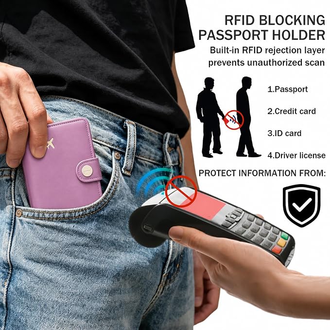 Passport Holder RFID Blocking Travel Wallet, Elegant Purple | Passport Cover with Multiple Card Slots, Water-Resistant & Easy-Carry, Must-Have Travel Accessory for Men & Women.