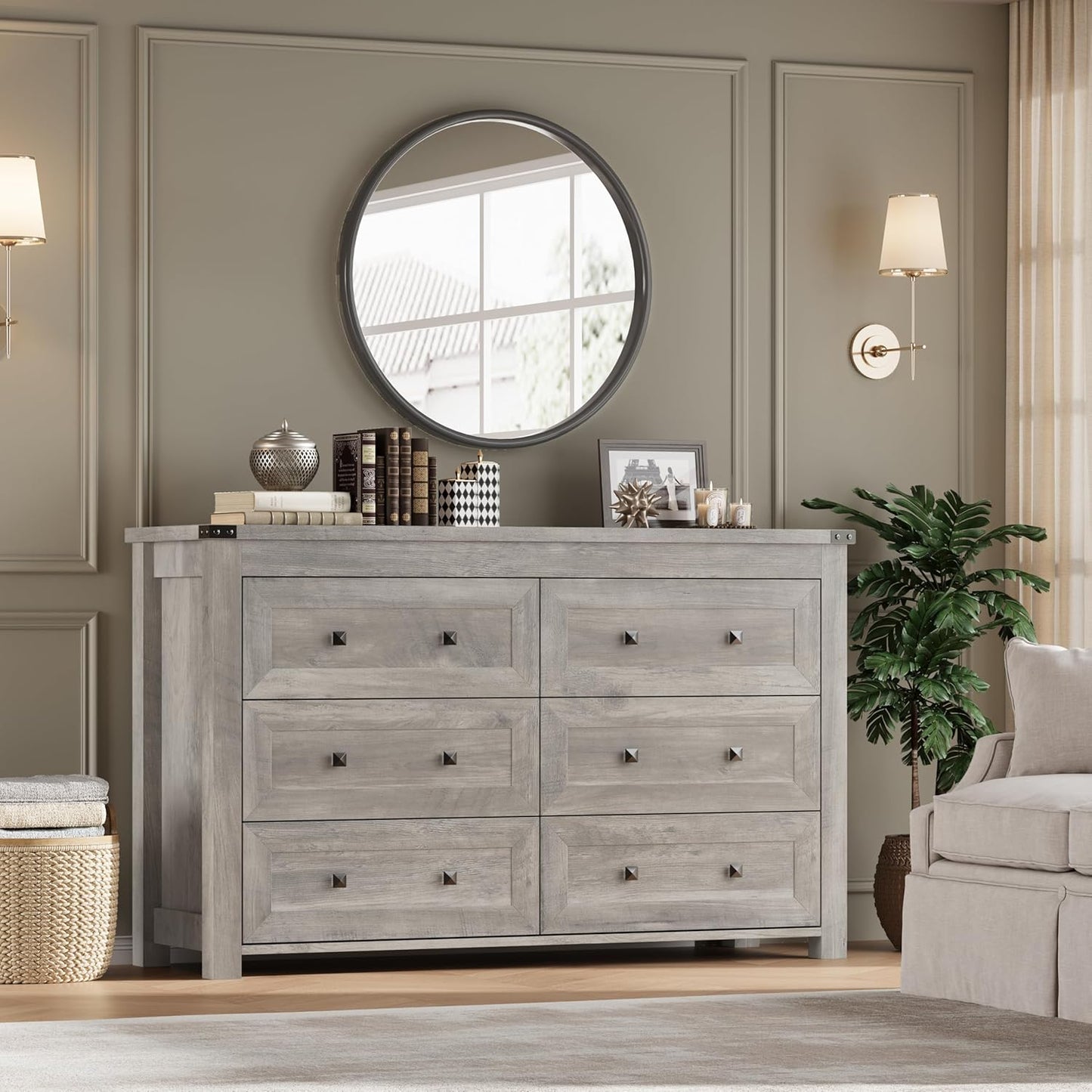 6-Drawer Dresser, Modern Wooden Storage Chest of Drawers, Dresser TV Stand, Wood Drawer Organizer with Metal Handles for Bedroom, Living Room, Hallway