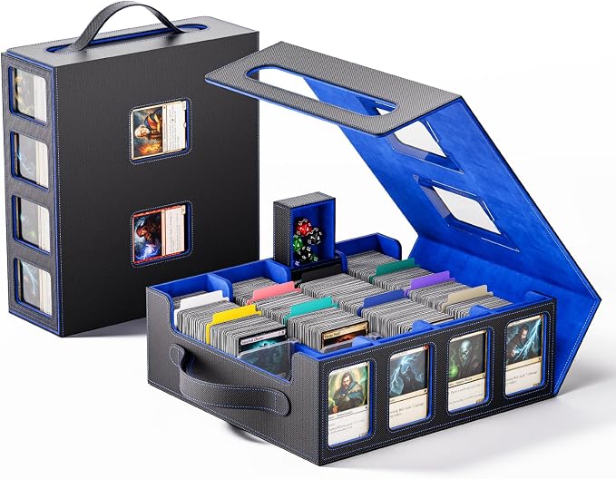 Trading Card Storage Box – 3500+ Magnetic MTG Deck Box with Handle,Commander & Toploader Display, Dice Box,4 Dividers & 30 Color Labels – Fits for TCG,MTG,Yu-Gi-Oh and Sport cards(Black/Blue)