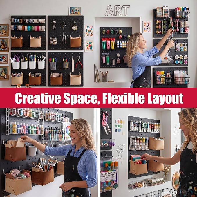 Spampur Peg Board, 4 Pack Metal Pegboard Wall Organizer with Accessories | Black Pegboard Panels with 50 Pcs Hooks and Baskets, Wall Organizer for Office, Craft Room Organization, Garage, Sewing Room