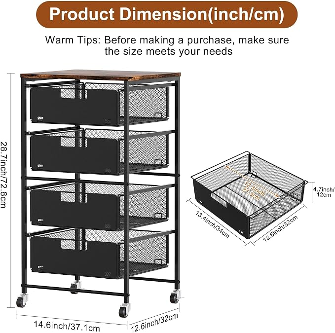 EasyPAG Rolling Storage Cart with 4 Drawers, Under Desk File Cabinet on Lockable Wheels, Moviable Hanging File Folder Organizer with Wooden Printer Stand for Home Office