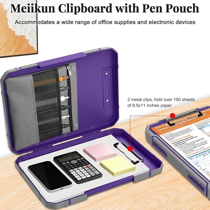 Meiikun Clipboard with Storage, Rugged Shockproof Protective, Internal Pen Pouch & Metal Clip, Heavy Duty Plastic Clip Boards 8.5x11, High Capacity Contractor Folder for School Office (Purple)