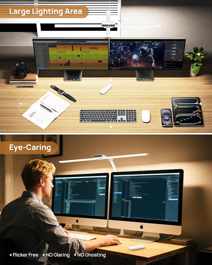 TROND LED Desk Lamp with Clamp, 29.55'' Tall Desk Light with Remote, White | 1500LM Bright Table Lamp, Swing Arm Clip on Light, Eye-Caring, Touch Control Dimmable for Home Office Monitor Reading