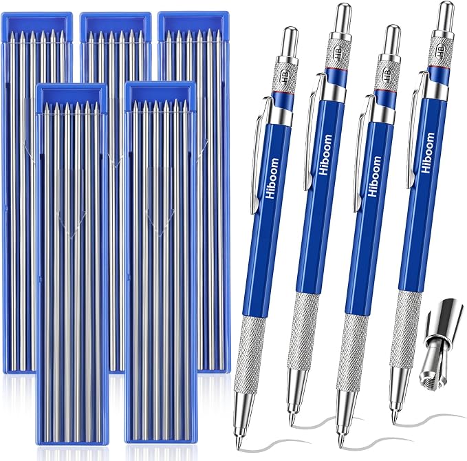 Hiboom 4 Pcs Welders Pencil with 60 Silver Round Refills 2 mm Mechanical Pencils Refill, Metal Marker Set for Pipe Fitter Welder Steel Construction Fabrication Wood Working Metal Layout Fabrication