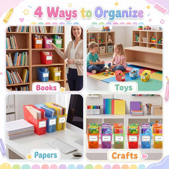 Blosssound 12 Set Book Bins for Classroom Stackable,Translucent Colorful | Plastic Baskets with Labels, Slanted Front, Library Supplies Organizers, Desktop Storage Bins, Teachers Home School Use