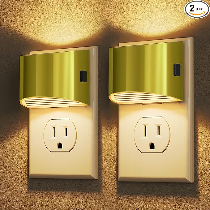 DORESshop LED Night Light[2 Pack], Night Lights Plug into Wall, 3 Level Brightness Adjustable Plug in Night Light, Dusk to Dawn Sensor, Nightlights for Adults, Bedroom, Bathroom, 3000K, Golden Cover