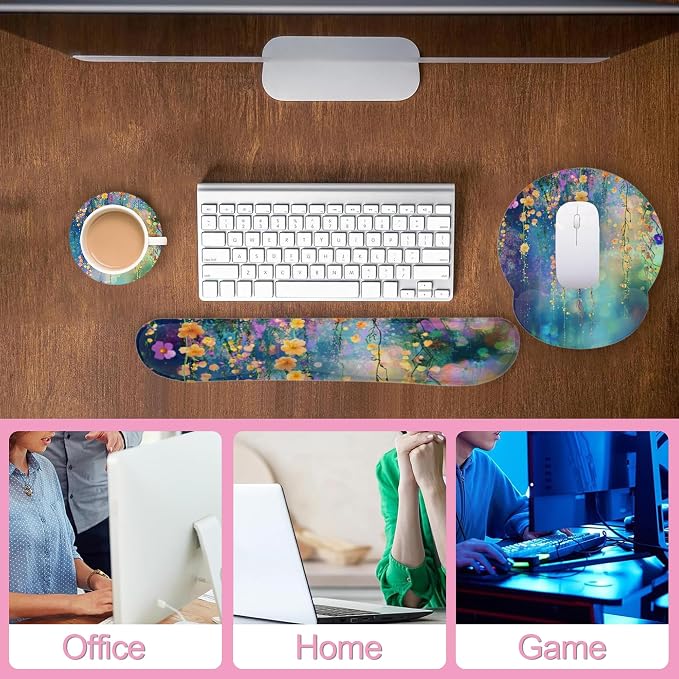 Watercolor Ivy Flower Spring Flower Mouse Pad with Wrist Rest and Keyboard Wrist Rest Set, Non-Slip Rubber Base Memory Foam Mouse Pad Set for Women, Office Desk Accessories, Gaming