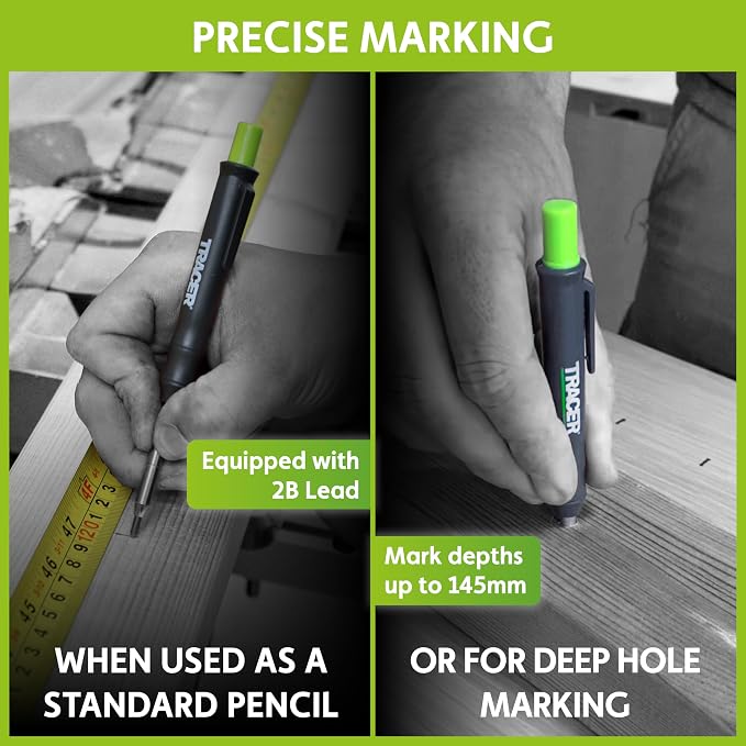 Tracer Complete Deep Hole Marking Kit - Includes Double-Tipped Long Head Deep Hole Permanent Marker and Deep Hole Construction Pencil with 6 Replacement Lead Dispenser Site Holster | Deep hole construction pencil, double-tipped permanent marker, 6 repl...