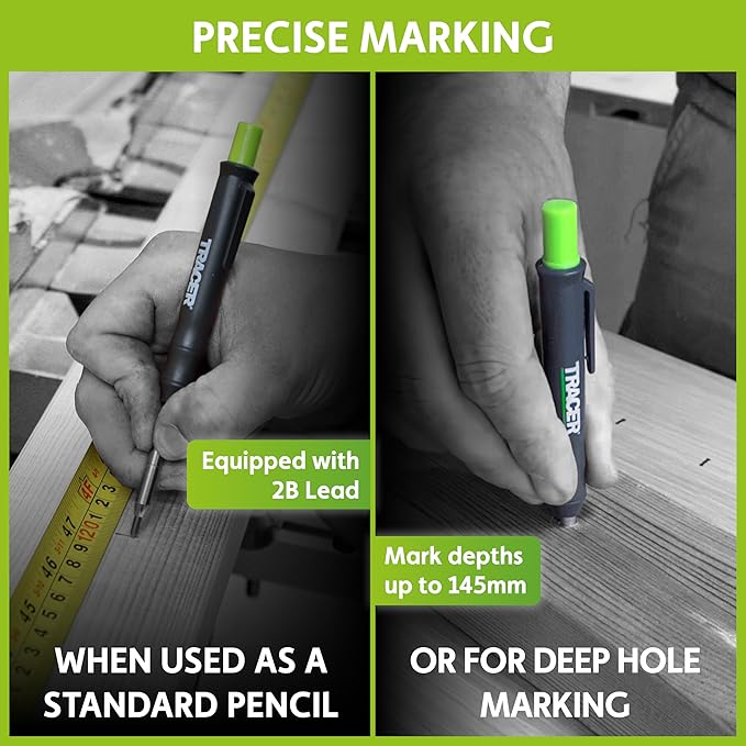 Tracer Marking Kit - Deep Hole Pencil, ALH1 Lead set and 2 Clog Free Markers with Holsters. Construction pencil & Marker set | Deep hole pencil with lead set, 2 clog-free markers in black and red, belt holsters included