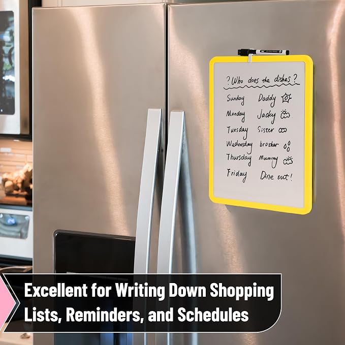 Mr. Pen- Dry Erase Board, 14” x 11” with a Black Dry Erase Marker | Yellow Frame, Small Mini White Board for Students, Fridge, Wall, Locker, Includes Double Sided Tapes