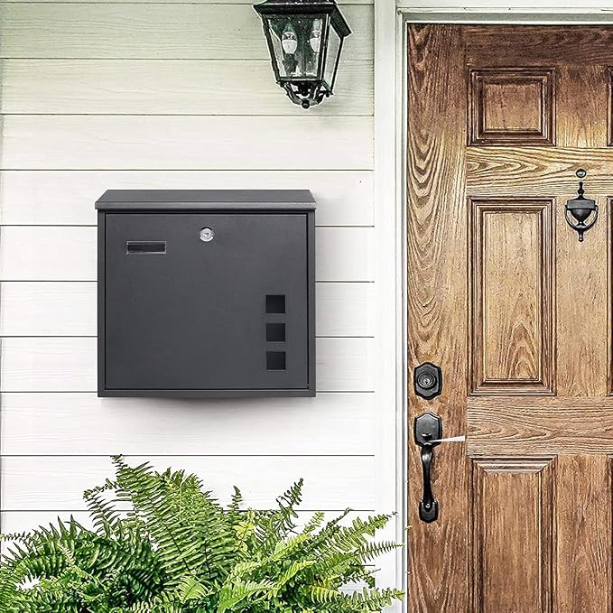 Decaller Galvanized Steel Mailbox with Key Lock, Wall Mount Metal Mail Box Outdoor, 13" x 11.8" x 4.1", 916 Black