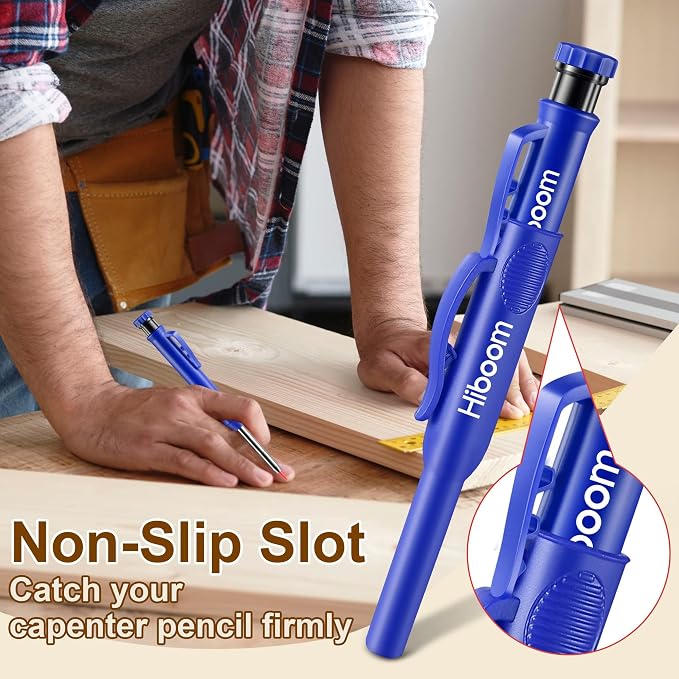 Hiboom 2 Pack Carpenter Pencils with Pencil Cap and 18 Refills, Blue | Mechanical Pencil, Deep Hole Marking, Built-In Sharpener, Long Nose Tip, Pocket Clip, Marks Many Surfaces, Woodworking Use