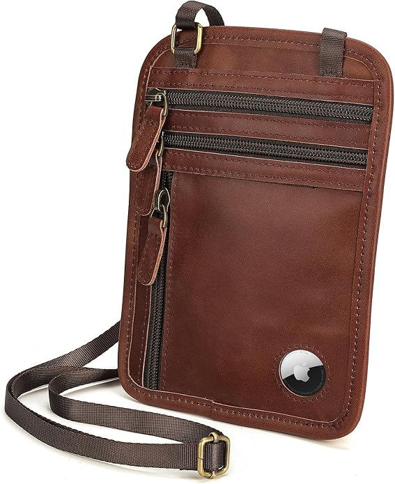 Polare Full Grain Leather Neck Wallet RFID Blocking Conceal Passport Holder Travel Pouch with AirTag Slot for Men