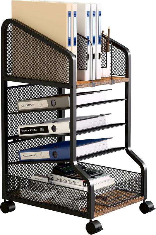 Rolling File Cart Under Desk Storage and Organizers 5-Tier Black | Small Filing Cabinet with Adjustable Dividers and Lockable Wheels, Under Desk File Organizer for Home, Office