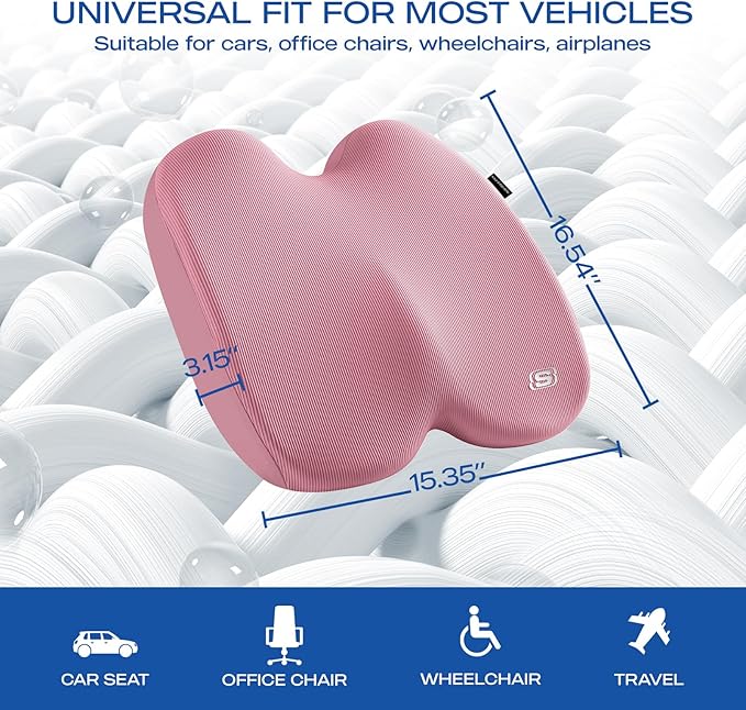 Skechers Seat Cushion, Ergonomic Memory Foam Cushion for Long Sitting Hours on Office & Home Chair, Car Seat Cushion for Sciatica, Coccyx Cushion,Pink