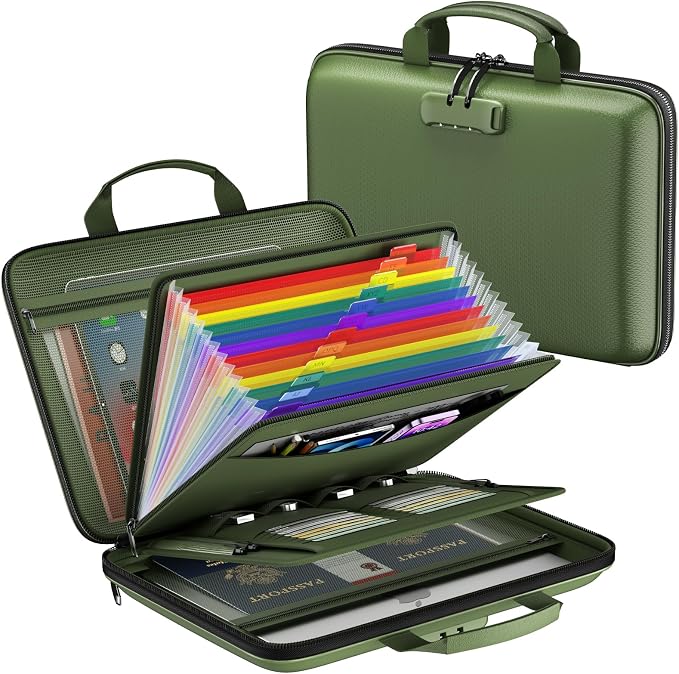 Fireproof File Organizer with Lock, Hard-Shell Document Box, Green | Water Resistant, 13-Pocket Expanding Folder, Portable Safe Storage for Letter Legal Files, Laptop, Valuables, Large Capacity